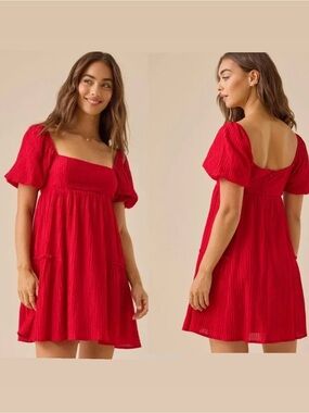 NWT | Altar'd State Red Square-Neck Puff-Sleeve Mini Dress Size M